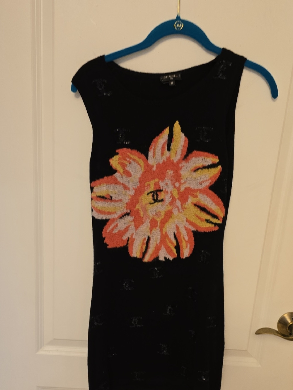 CHANEL Black Knit Dress with Large Orange Pink Floral Motif